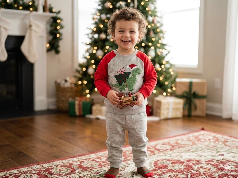 NEW! Baby Essentials Size 3T Boy Christmas 2PC Dinosaur Fleece Pullover&Pant Set